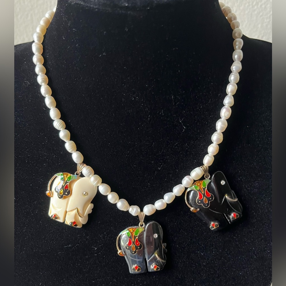 CUSTOM Pearl Necklace with Bone,Hematite, and Onyx Elephant 🐘 Accented Pendants